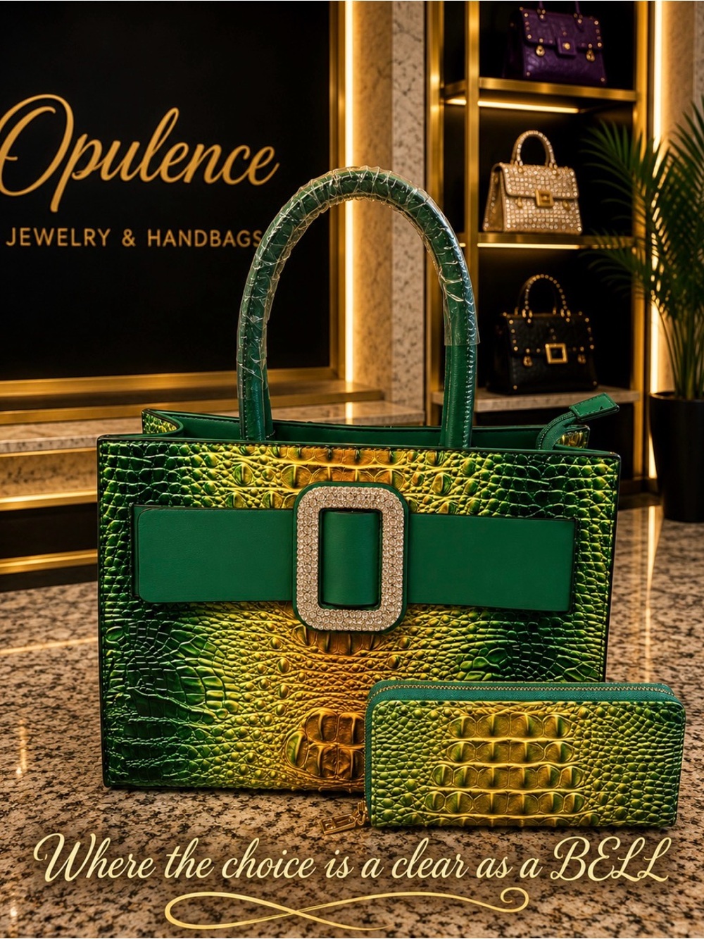 Green Croc-Embossed Tote with Matching Wallet - Elegant Rhinestone Buckle